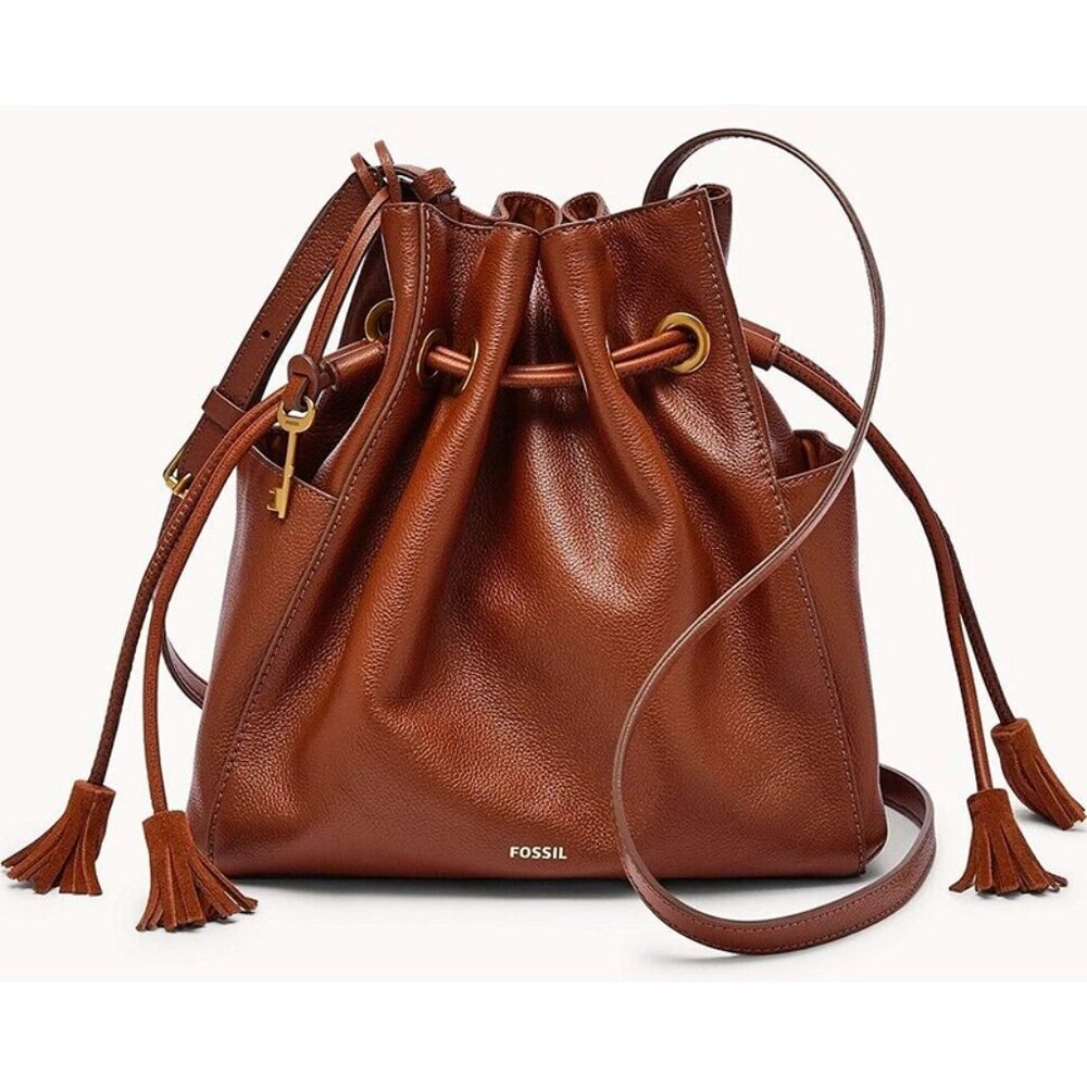 S Fossil Rayna Large Drawstring Crossbody Brown Leather SHB2910210 NWT $230